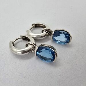 Vintage 925 Sterling Silver Blue Topaz Drop Hoop Earrings - Women Jewelry